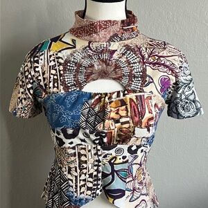 Vintage Y2K Patchwork Corset Cutout Top Boho  XS/S